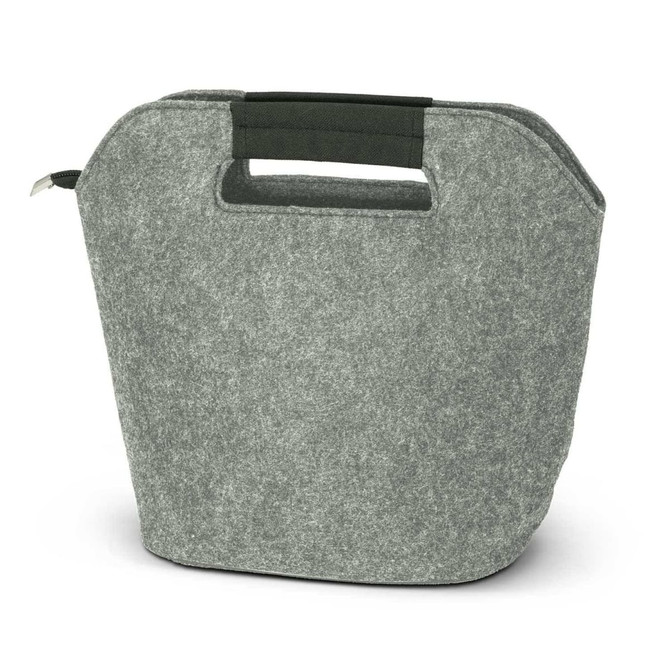 A grey cooler bag with a handle, made from felt material, featuring a minimalist design.