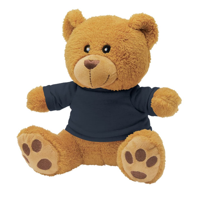 A teddy bear plush toy in brown with a navy blue shirt and soft paw details. It has a friendly facial expression.