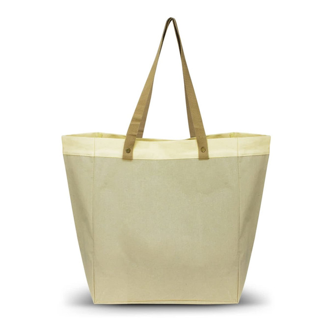 A large market tote bag in beige with light yellow accents and sturdy brown handles. It features a branded logo.