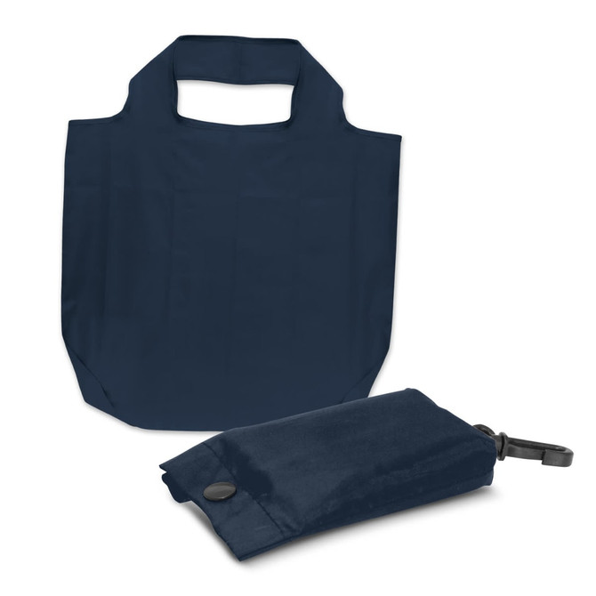 A navy foldaway reusable grocery bag alongside its compact pouch. The bag features a logo on the side.