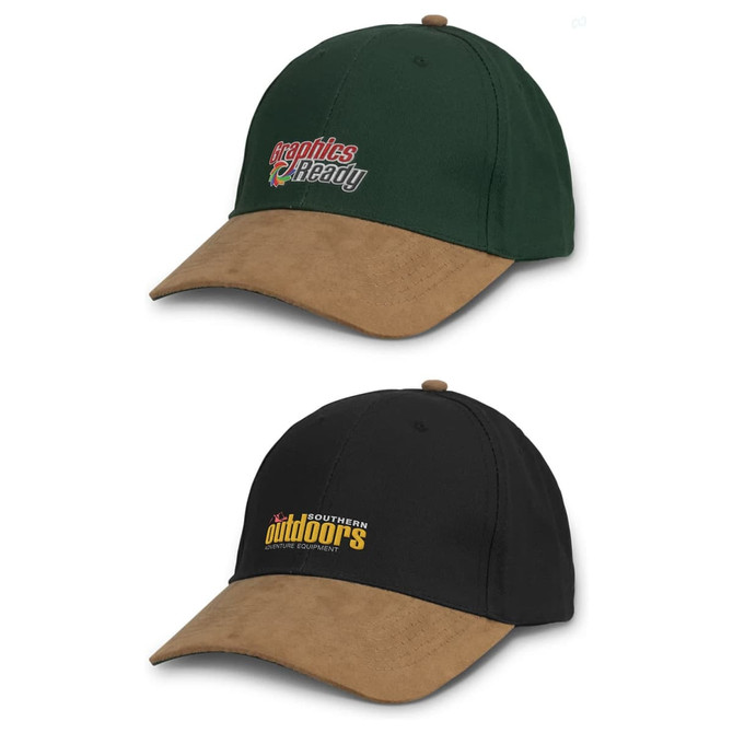 A peak cap featuring a dark green fabric top with a tan suede visor and a black fabric top with a tan suede visor, both with logos.
