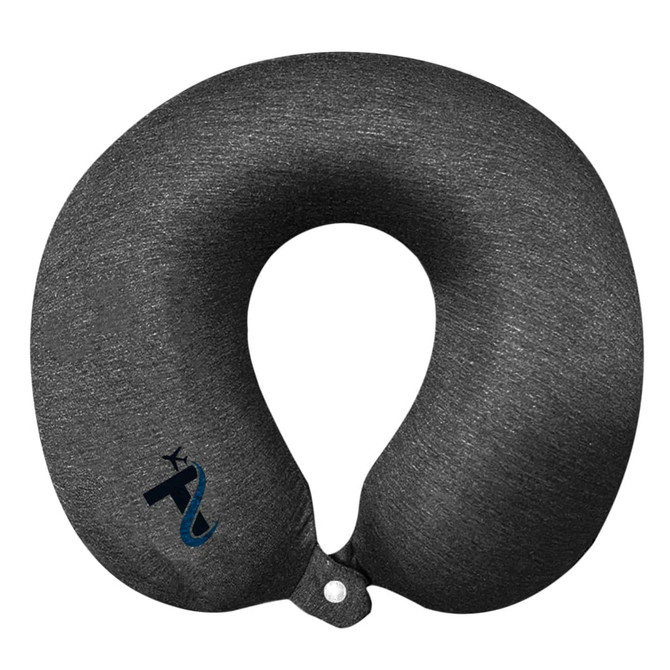 A dark grey memory neck pillow with a smooth texture and a small logo.