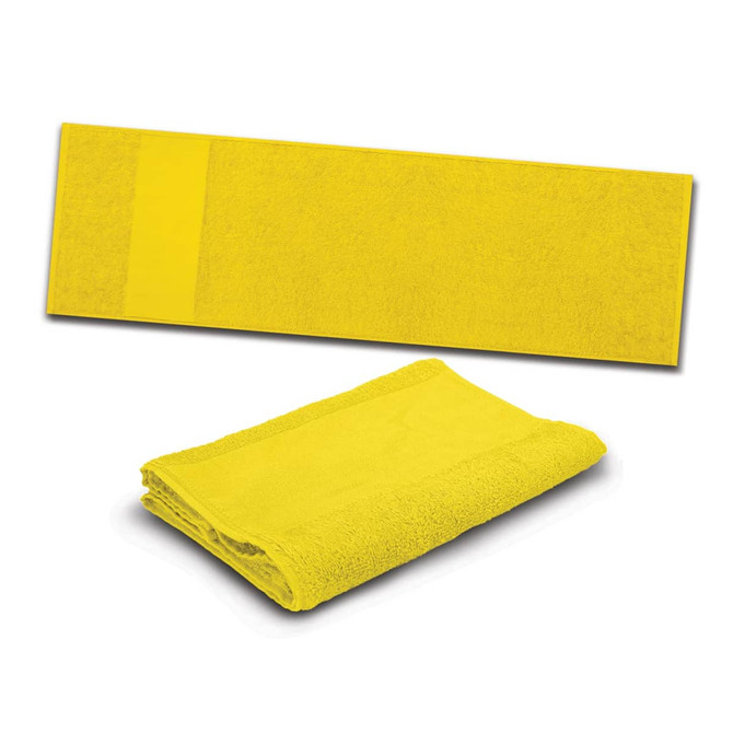 A bright yellow sports towel, displayed in both a folded and flat position, designed for leisure and outdoor activities.