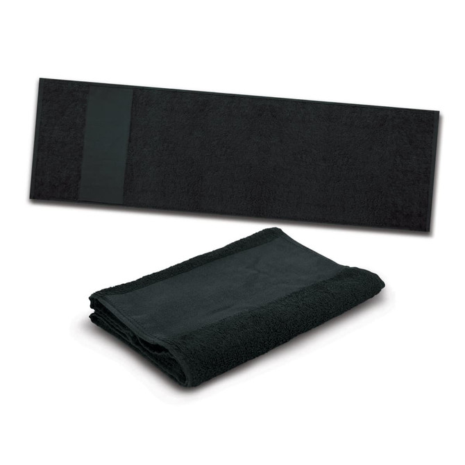 A black sports towel displayed unfolded and folded, featuring a simple design and a logo.