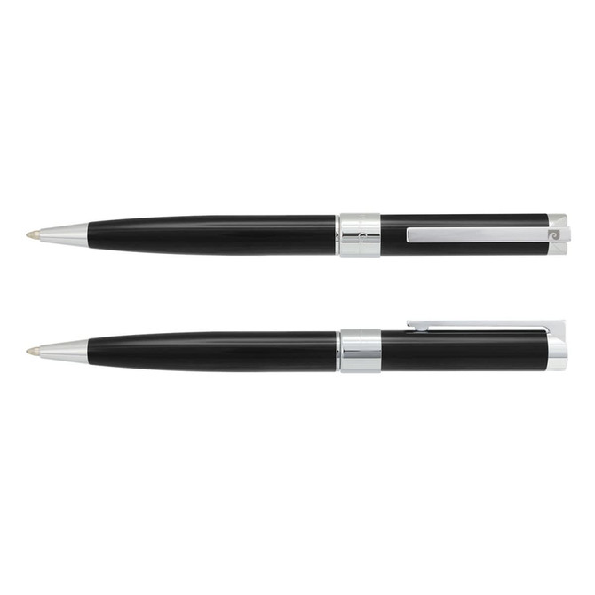 A black metal pen set with silver accents, featuring a sleek design and a logo on the body.