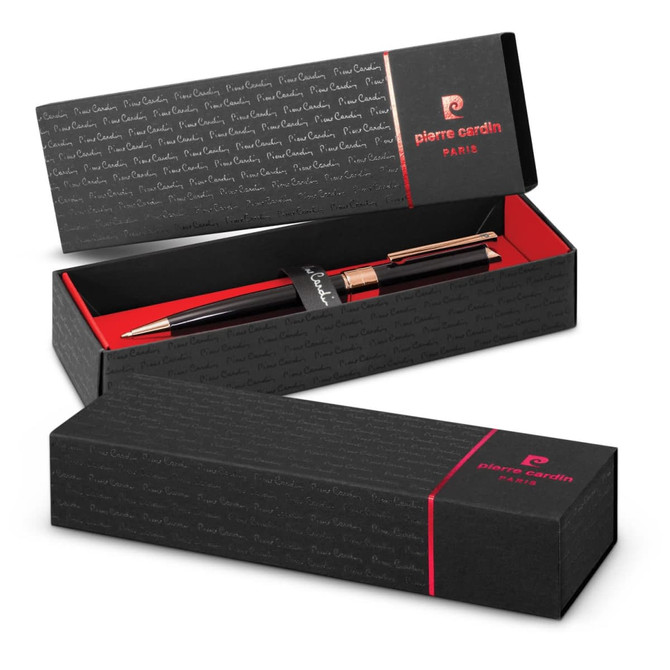A metal pen with a sleek black design, presented in an elegant black box with branding.