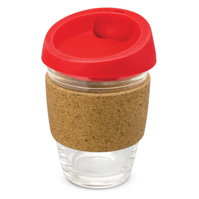 A drink bottle with a glass body, cork band, and red silicone lid, showcasing a modern and eco-friendly design.