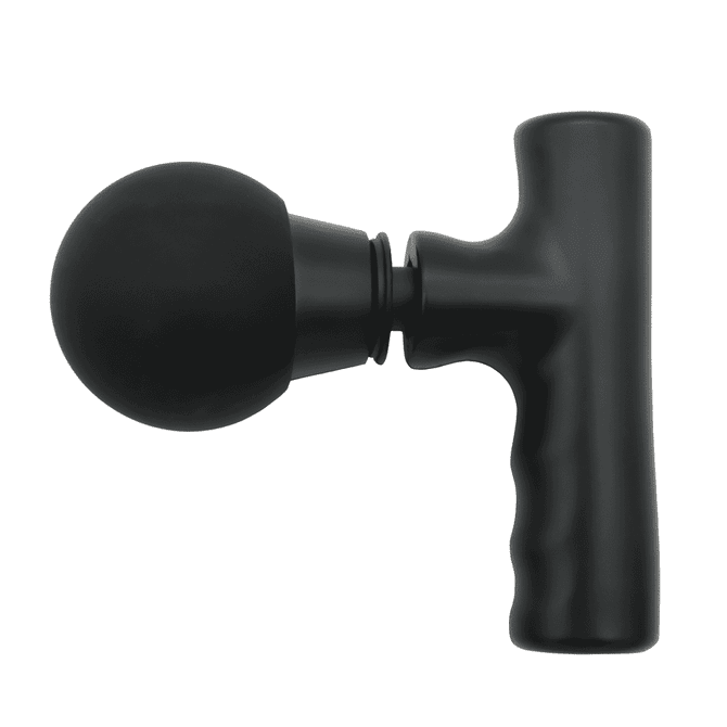A black mini massage gun with a spherical attachment and an ergonomic handle.
