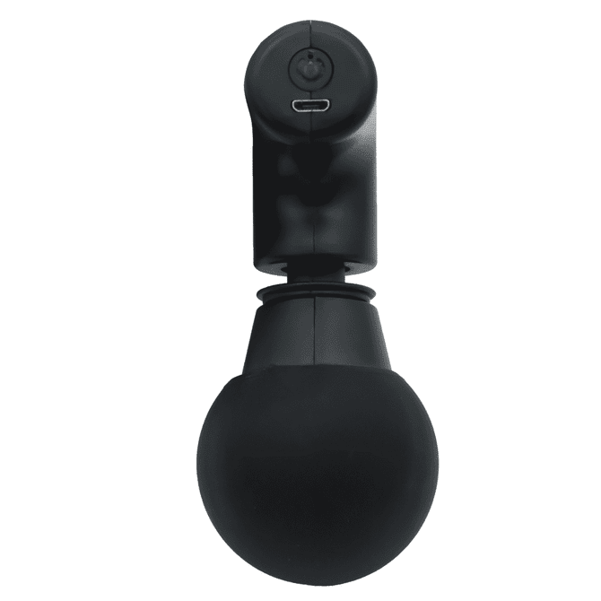 A black mini massage gun with a round attachment, featuring a charging port on the top.