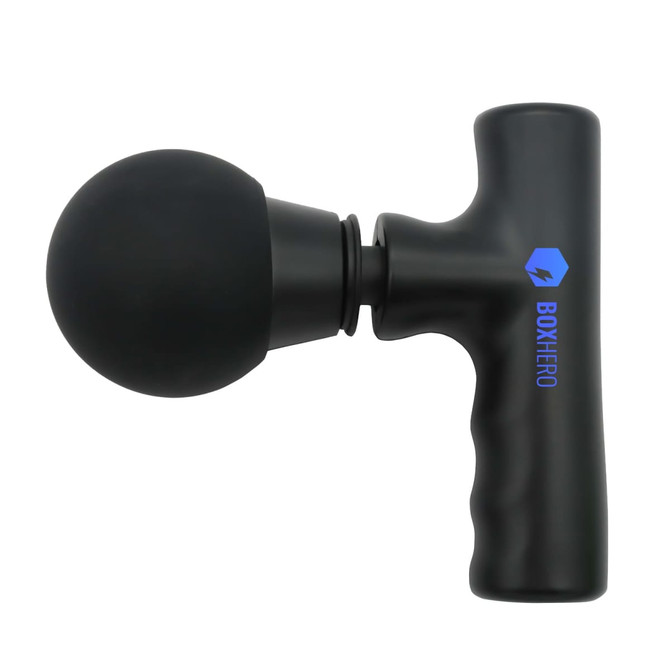 A black massage gun with a round attachment and a textured grip, featuring a logo on the handle.
