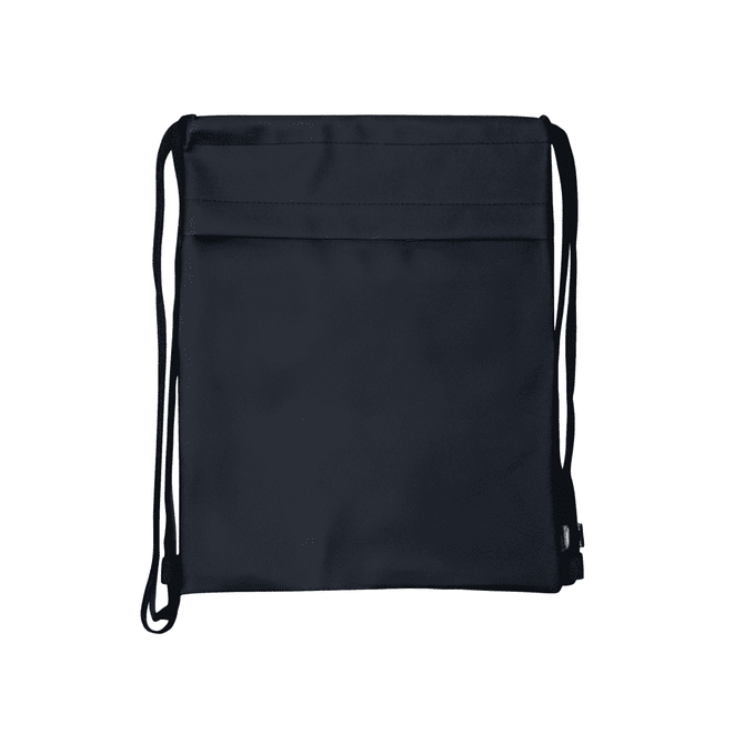 A navy drawstring bag with a simple design and adjustable straps, featuring a logo at the corner.