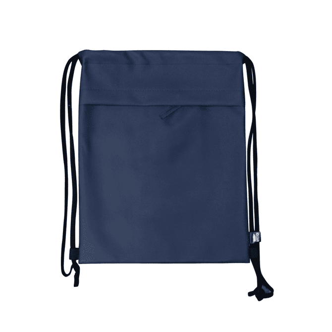 A navy drawstring bag featuring a logo, with black drawstrings for closure and carry.