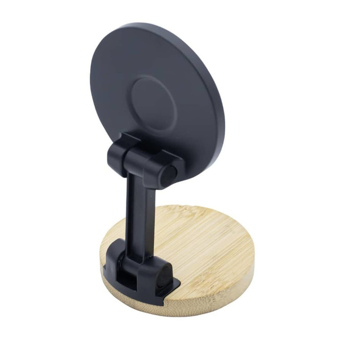 A black magnetic phone holder with a round top and a bamboo base, featuring a logo on the back.