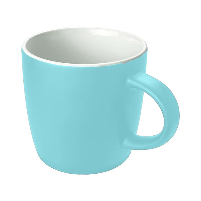 A coffee mug featuring a smooth light blue exterior and a white interior, with a curved handle.