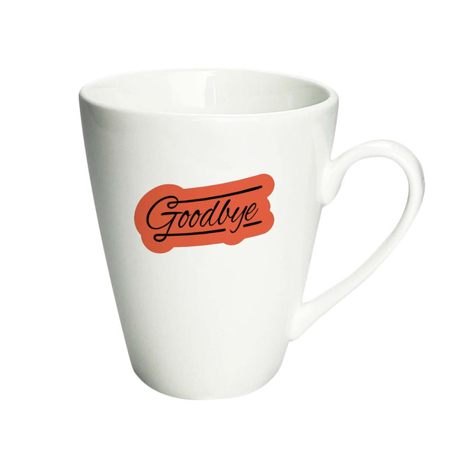 A white coffee mug with a tapered design and a logo featuring the word "Goodbye" in orange.