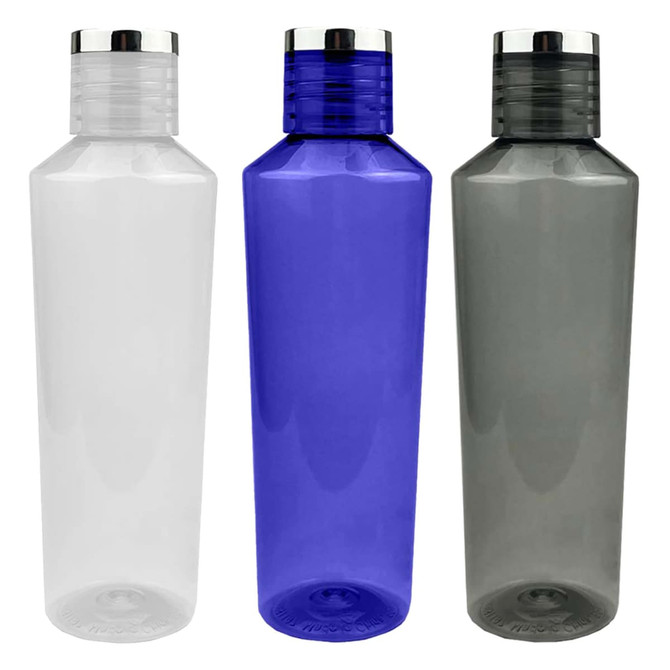 A drink bottle trio featuring translucent designs in clear, blue, and grey, with silver screw-on caps and logos.