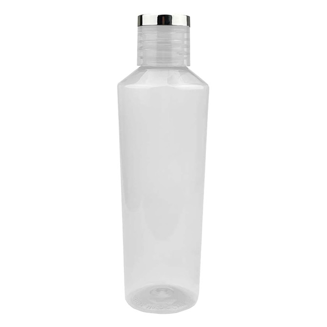A drink bottle in transparent plastic with a silver-coloured cap and a simple, unadorned design.