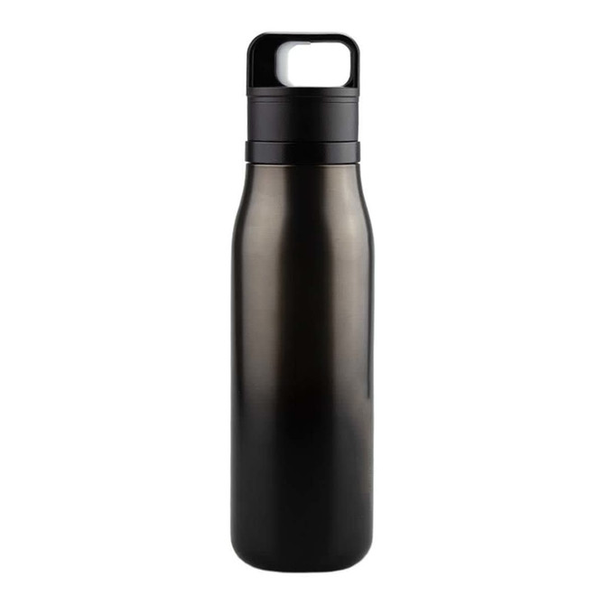 A drink bottle in sleek black with a secure lid and a handle, featuring a simple logo on the side.