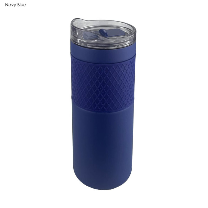 A drink bottle in navy blue with a textured grip and a clear lid. It has a logo on the side.