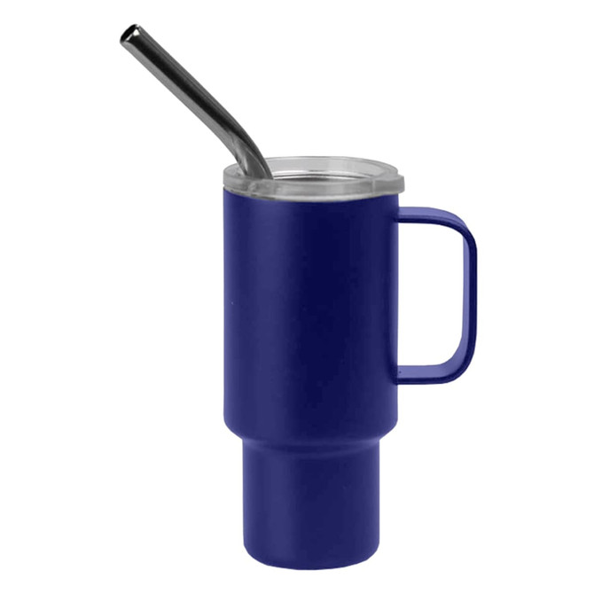 A drink bottle in deep blue with a straw, featuring a handle and a lid. It has a logo on the side.