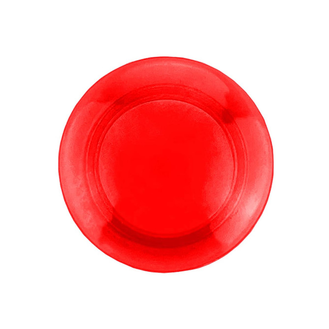 A round red plastic button magnet featuring a smooth surface and a slight rim. It has a logo displayed on it.