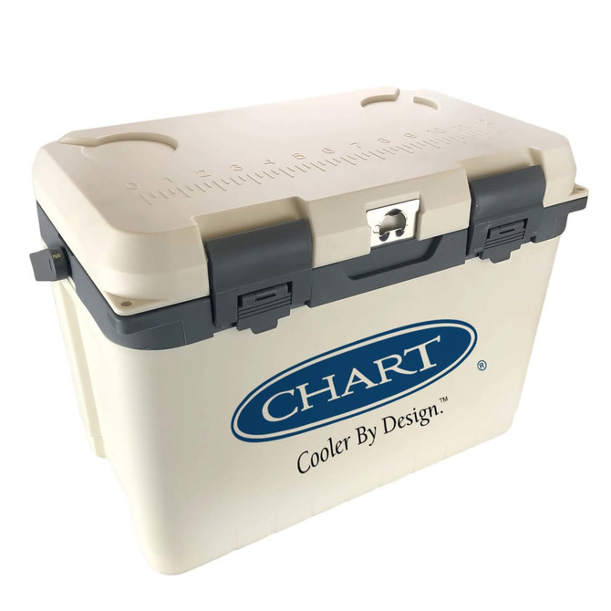 A cooler box in cream and grey, featuring a secure latch and a branding logo.