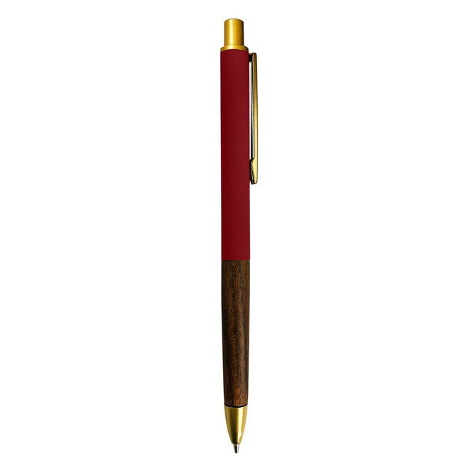 A metal pen featuring a red finish and a wooden accent, with a gold clip and tip.