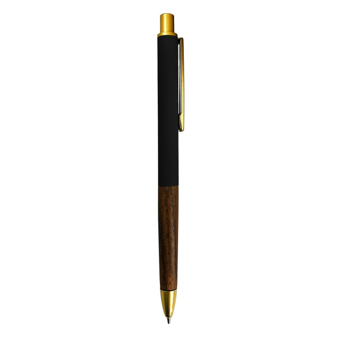 A metal pen featuring a black body and wooden accent, with a gold clip and tip. It includes a logo.