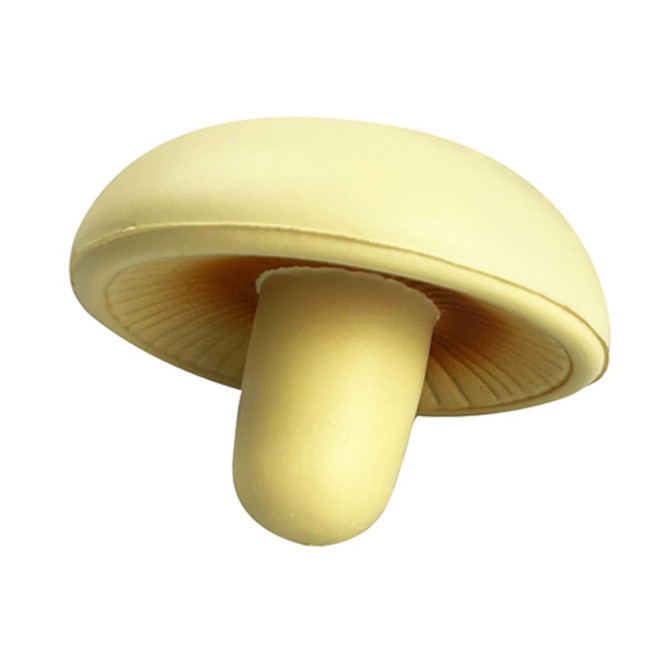 A yellow stress mushroom with a smooth surface and detailed gills underneath, featuring a logo.