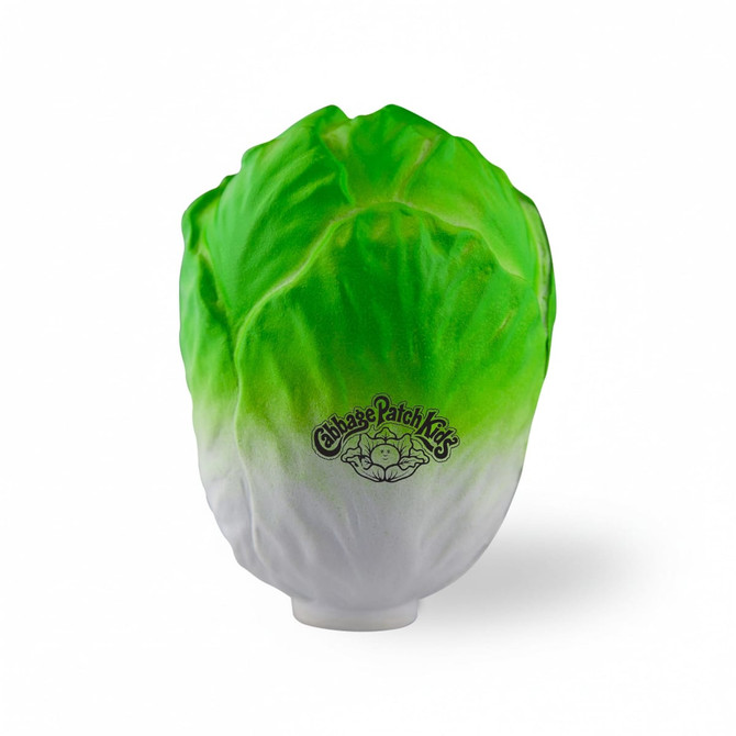A green and white stress cabbage shaped like a vegetable, featuring a logo on the front.