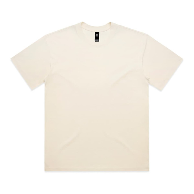 A cream-coloured t-shirt with short sleeves and a logo on the neckline.