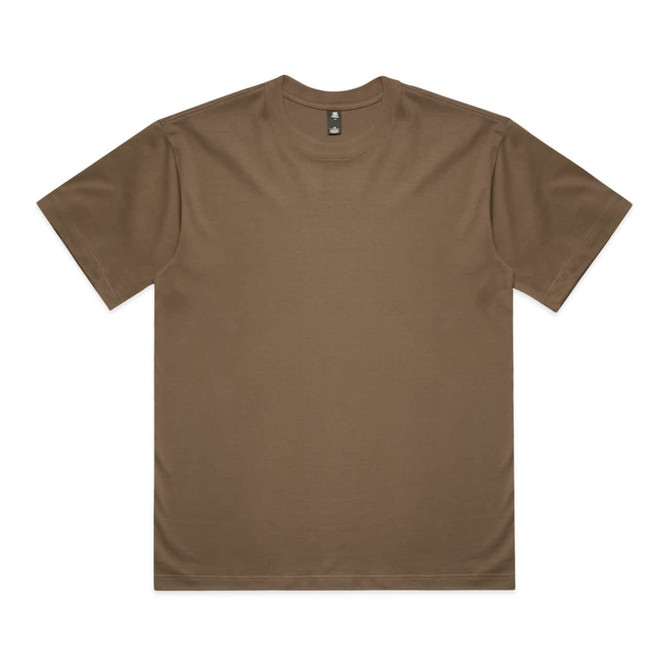 A brown T-shirt with short sleeves and a round neckline, featuring a brand logo on the tag.