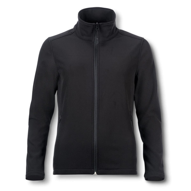 A women's softshell jacket in black featuring a high collar and zip-up front, with pockets and a logo.