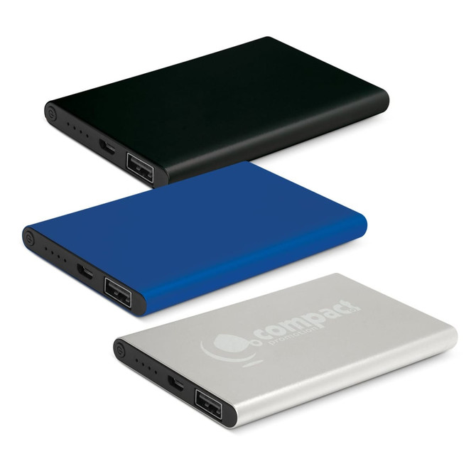 A trio of power banks in black, blue, and silver, featuring a logo on the silver device.