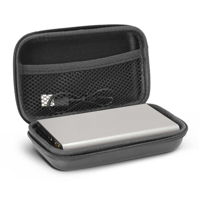 A silver power bank inside a black zippered case, accompanied by a USB cable in the mesh pocket.
