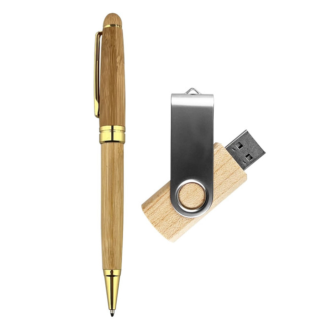 A bamboo pen and a wooden USB drive, featuring a metallic clip. Both items are part of the Boron Gift Set.