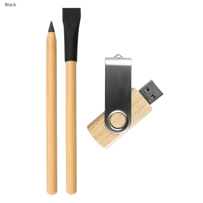A bamboo pencil, a bamboo stylus, and a metal USB drive in a wooden casing. All items are predominantly natural tones.