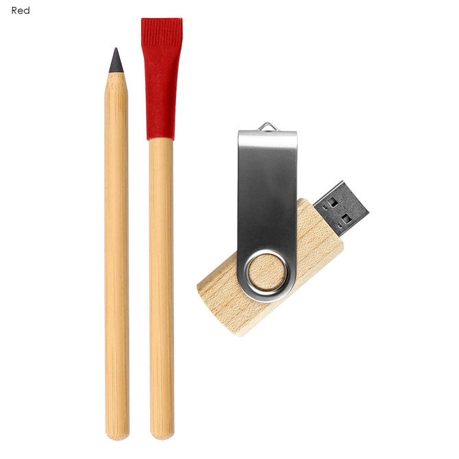 A bamboo pencil, red sharpener, and wooden USB drive in a gift set. The USB has a silver clip and branding.