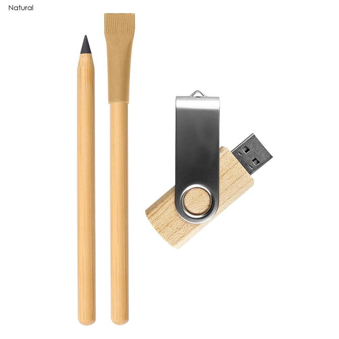 A natural wood gift set featuring a pencil, a bamboo scraper, and a USB flash drive with a metal clip.