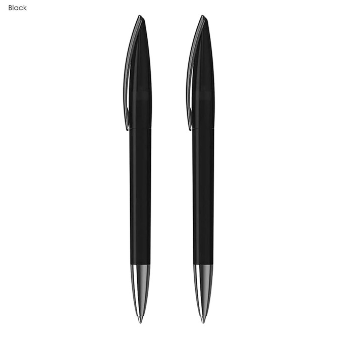 A set of two black plastic pens with silver accents, featuring a sleek design and branding.