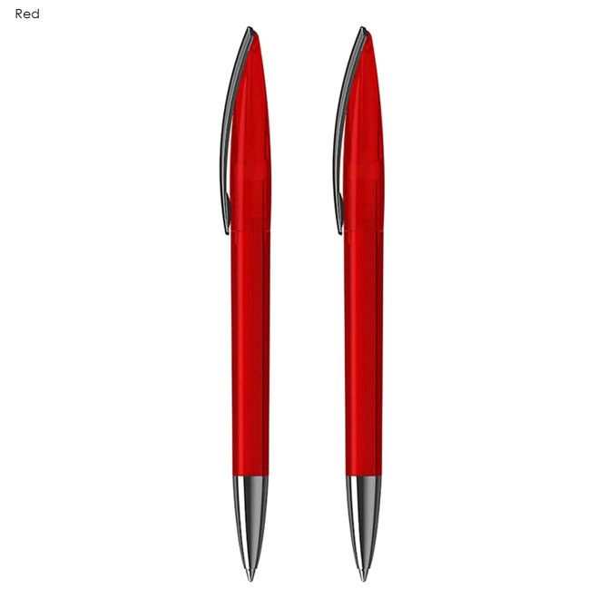 A set of two red plastic pens with silver accents and a branding logo on each pen.