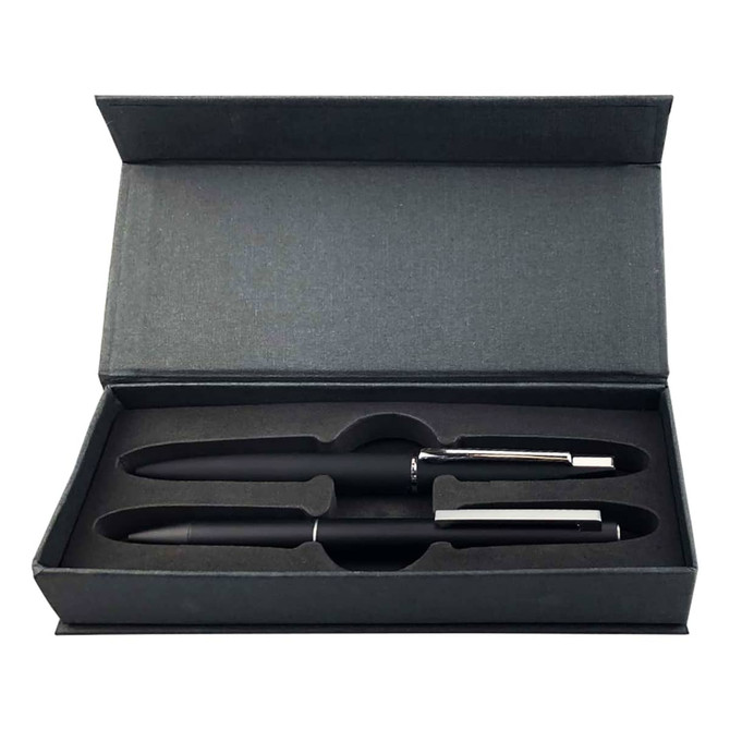 A metal pen gift set in a black box, featuring two black pens with silver accents and a logo.
