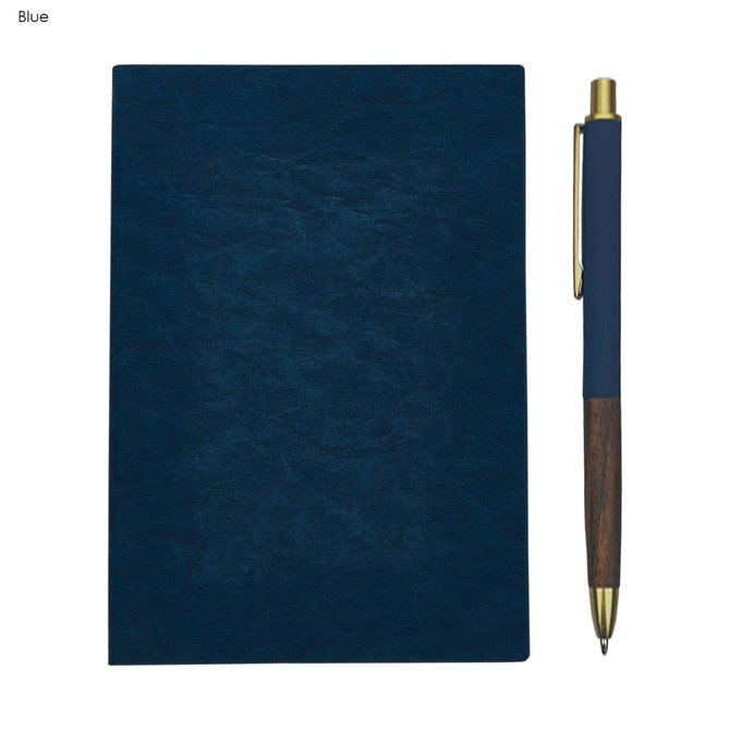A blue notebook with a textured cover and a matching pen with a gold accent, featuring a logo.
