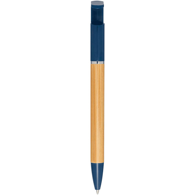 A bamboo and navy pen with a sleek design and a silver clip, featuring a branding logo.