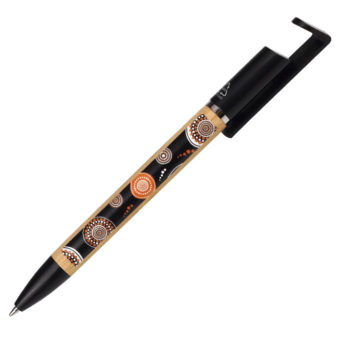 A decorative pen featuring a black and natural wood design with circular patterns, along with a branding logo.