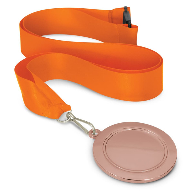 A podium medal with a shiny rose gold finish, attached to an orange satin ribbon.