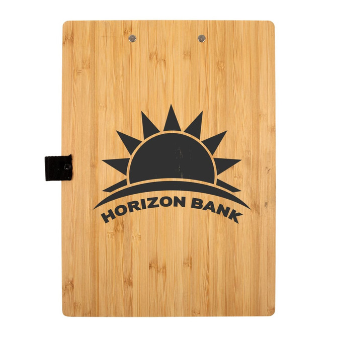 A Bamboo A4 clipboard in natural wood colour with a logo printed in black. It features a metal clip at the side.