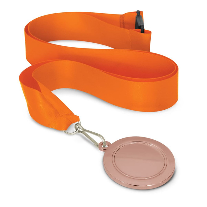 A 50mm podium medal with a blank rose gold round disc attached to an orange ribbon.