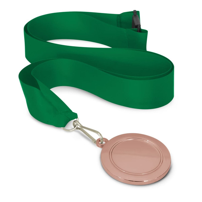 A medal with a blank, shiny rose gold circular pendant attached to a green ribbon.