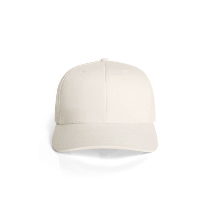 A white mesh trucker cap with a solid front panel and a curved brim, featuring an unobtrusive logo.